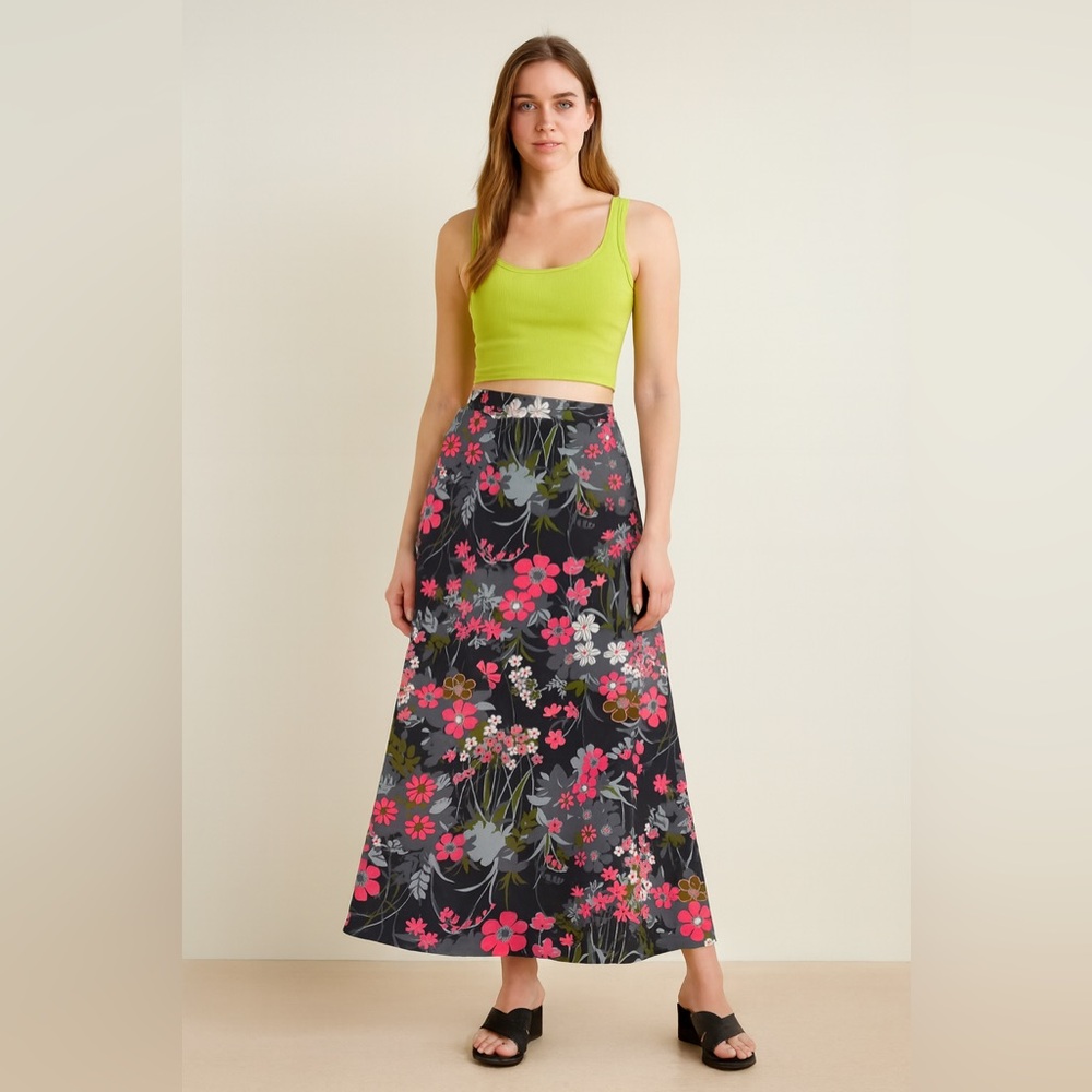 Vintage Handmade Black Floral A-Line Maxi Skirt Sz. S/M